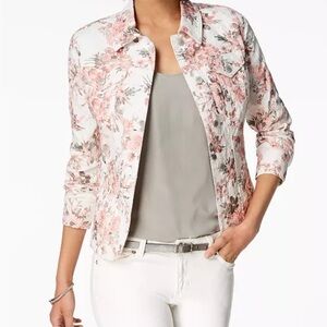 Charter Club Pink Floral Print Jacquard Romantic Long Sleeve Denim Jacket Sz XL